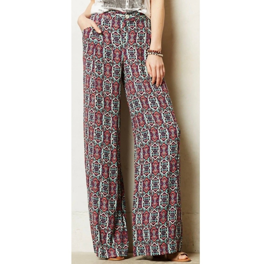Elevenses Wide Leg Pants Womens 10 Teal Magenta South Shore Palazzo Boho Rayon